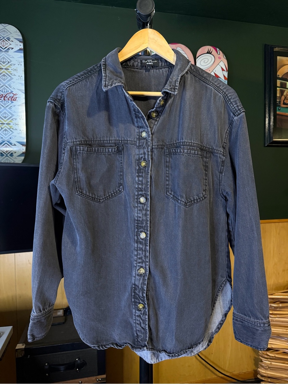 Denim Faded Black Thick Material Long-Sleeve Button-Up Shirt- Velvet Heart